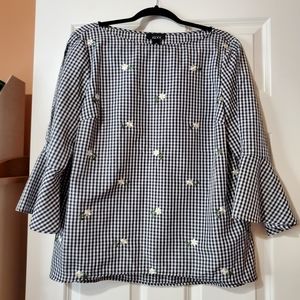 Black & White plaid print blouse w/cut out sleeves
